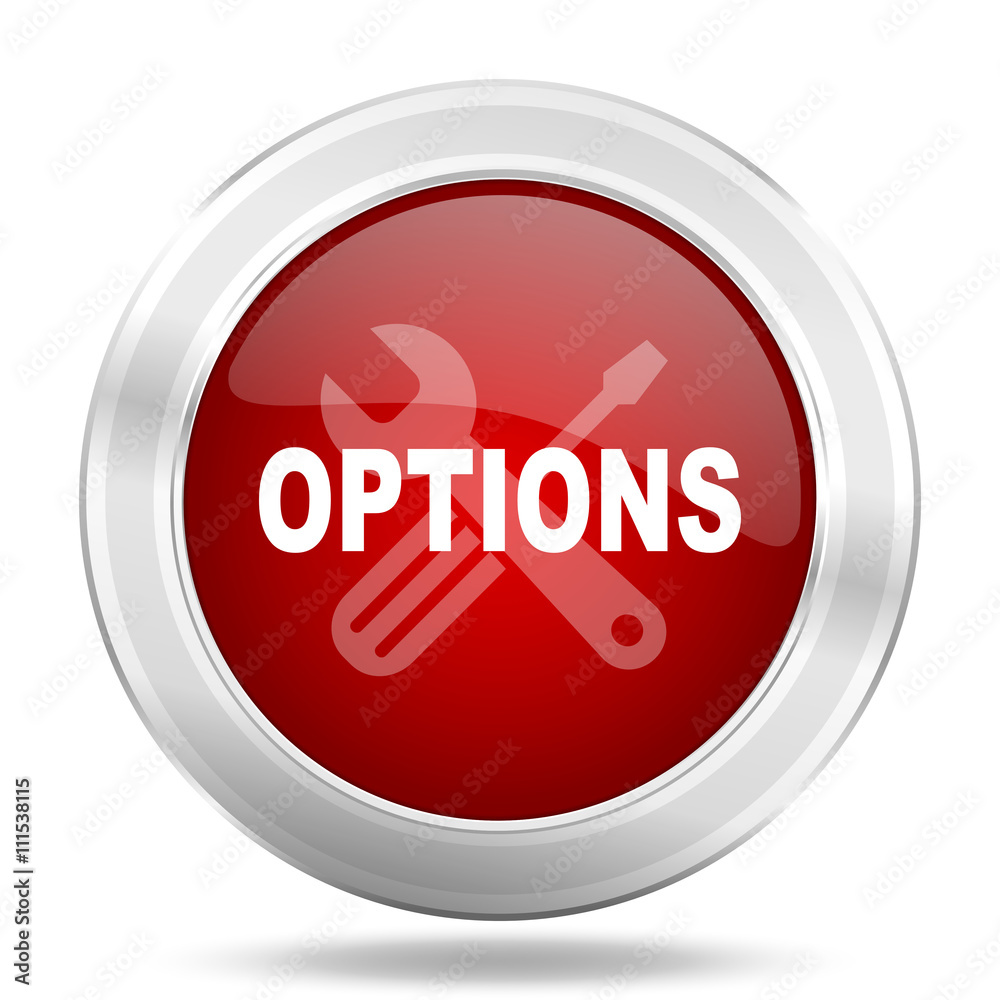 options icon, red round glossy metallic button, web and mobile app design illustration options icon, red round glossy metallic button, web and mobile app design illustration