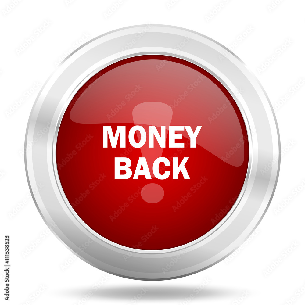 money back icon, red round glossy metallic button, web and mobile app design illustration money back icon, red round glossy metallic button, web and mobile app design illustration