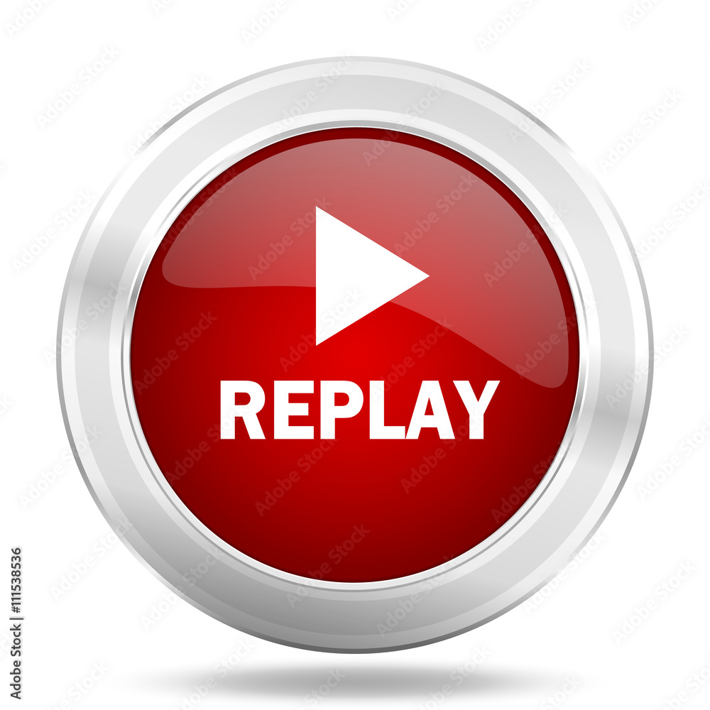 replay icon, red round glossy metallic button, web and mobile app design illustration replay icon, red round glossy metallic button, web and mobile app design illustration