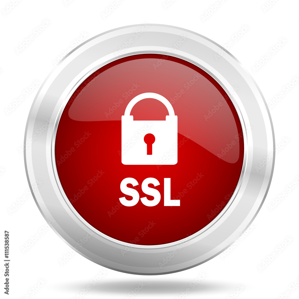 ssl icon, red round glossy metallic button, web and mobile app design illustration ssl icon, red round glossy metallic button, web and mobile app design illustration