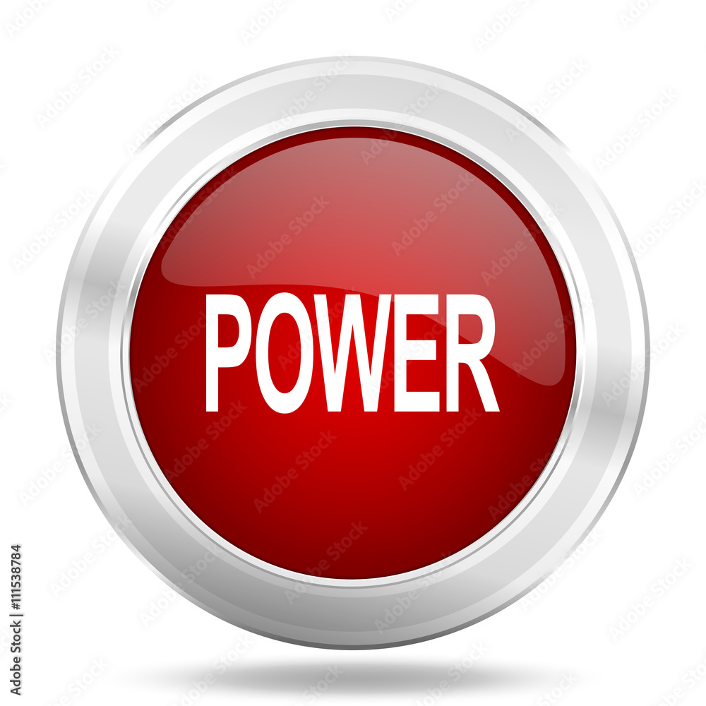 power icon, red round glossy metallic button, web and mobile app design illustration power icon, red round glossy metallic button, web and mobile app design illustration