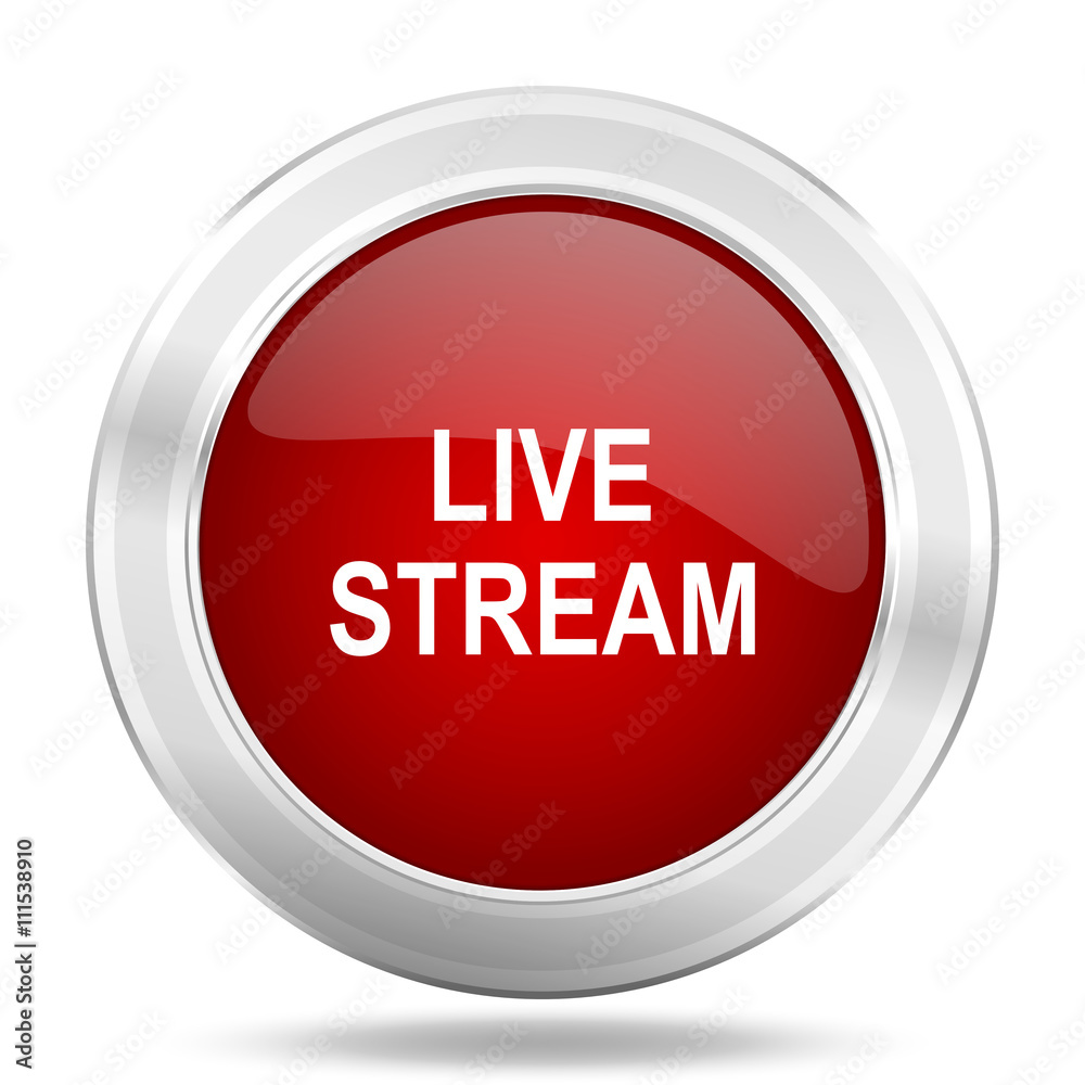 live stream icon, red round glossy metallic button, web and mobile app design illustration live stream icon, red round glossy metallic button, web and mobile app design illustration
