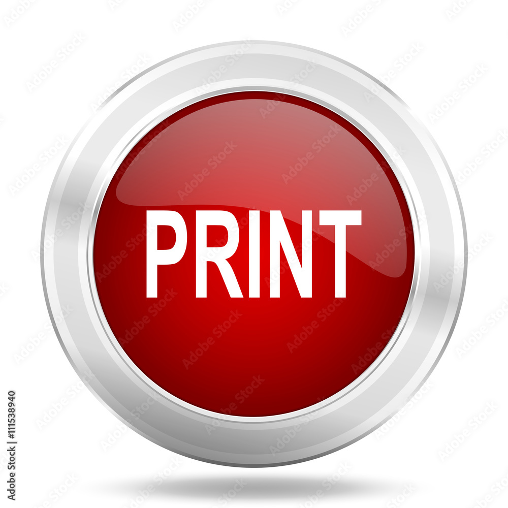 print icon, red round glossy metallic button, web and mobile app design illustration print icon, red round glossy metallic button, web and mobile app design illustration