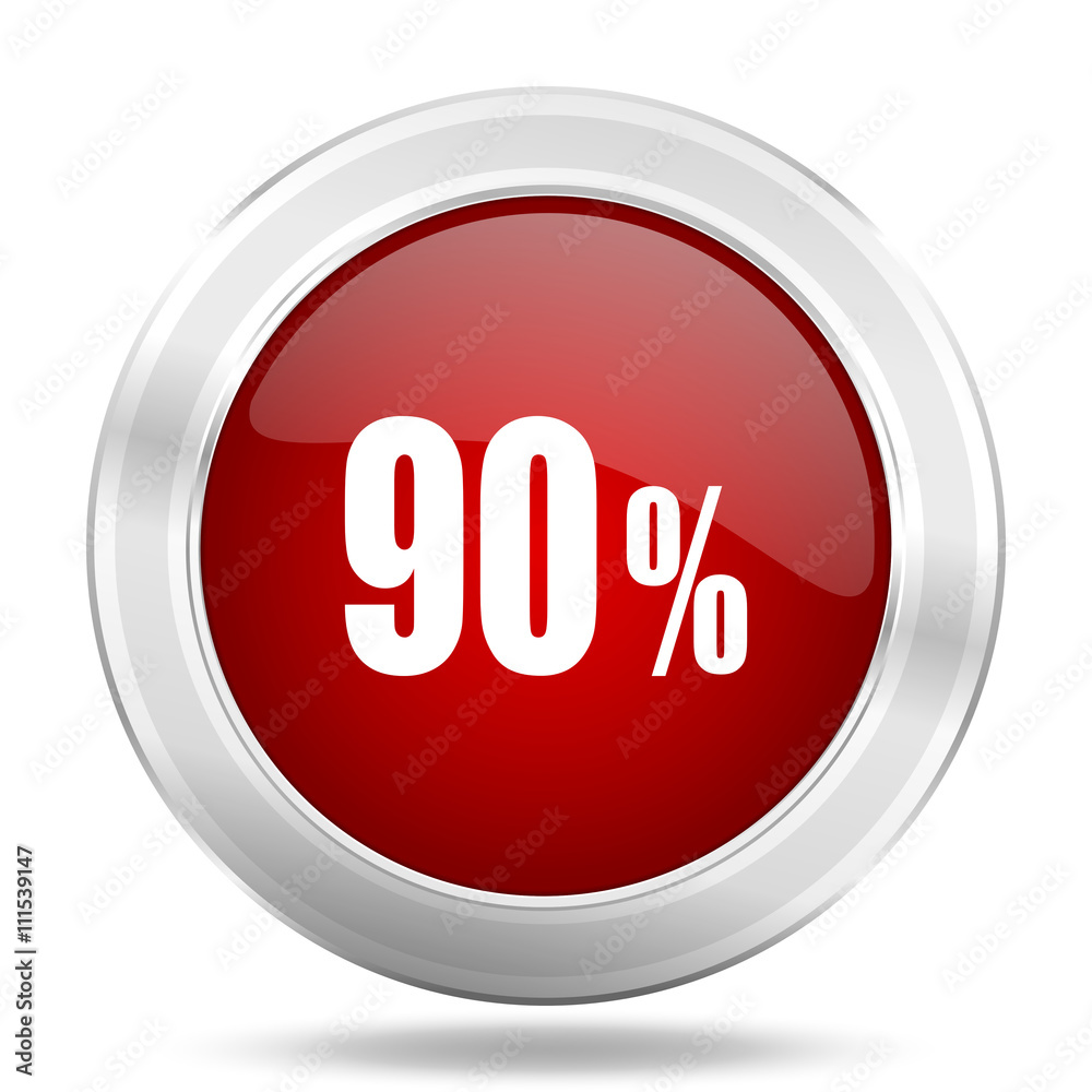 90 percent icon, red round glossy metallic button, web and mobile app design illustration 90 percent icon, red round glossy metallic button, web and mobile app design illustration