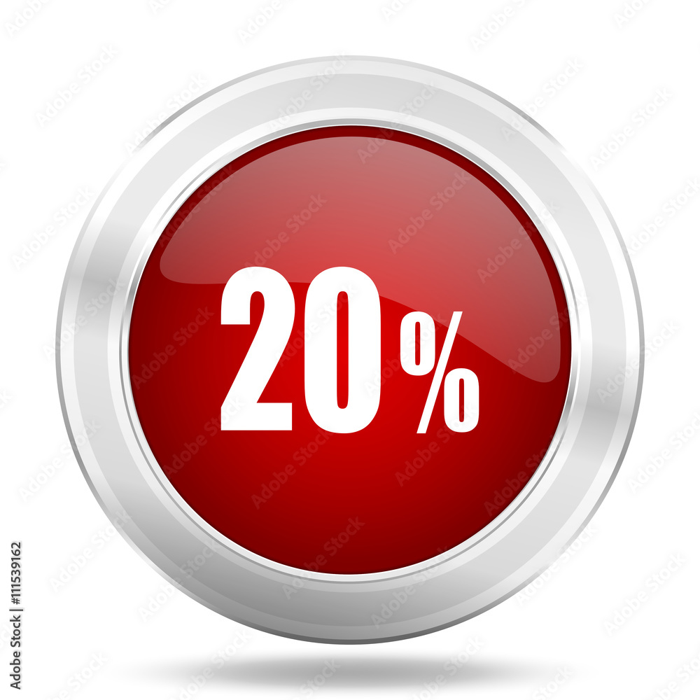 20 percent icon, red round glossy metallic button, web and mobile app design illustration 20 percent icon, red round glossy metallic button, web and mobile app design illustration