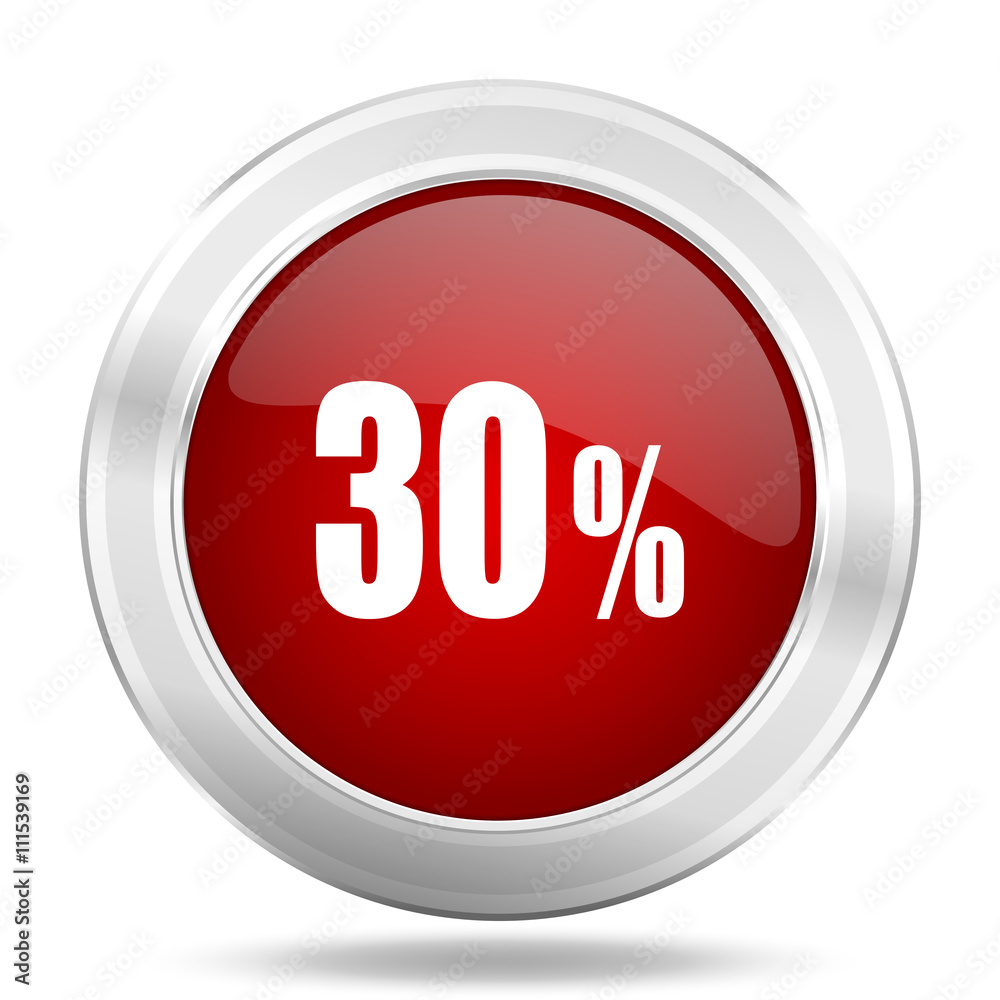 30 percent icon, red round glossy metallic button, web and mobile app design illustration 30 percent icon, red round glossy metallic button, web and mobile app design illustration