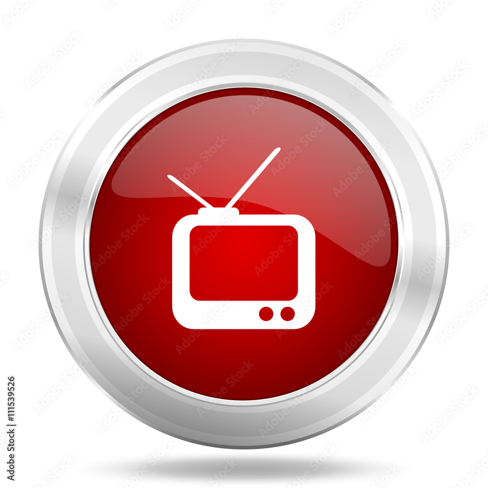 tv icon, red round glossy metallic button, web and mobile app design illustration tv icon, red round glossy metallic button, web and mobile app design illustration