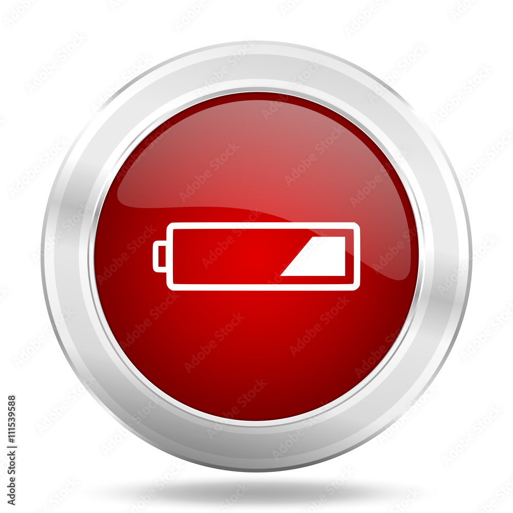 battery icon, red round glossy metallic button, web and mobile app design illustration battery icon, red round glossy metallic button, web and mobile app design illustration
