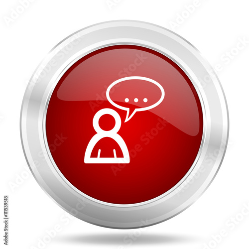 forum icon, red round glossy metallic button, web and mobile app design illustration