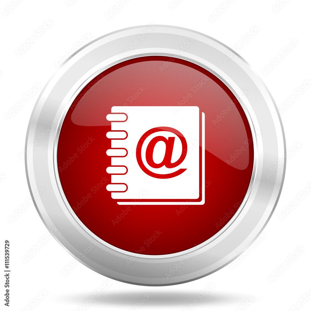 address book icon, red round glossy metallic button, web and mobile app design illustration address book icon, red round glossy metallic button, web and mobile app design illustration
