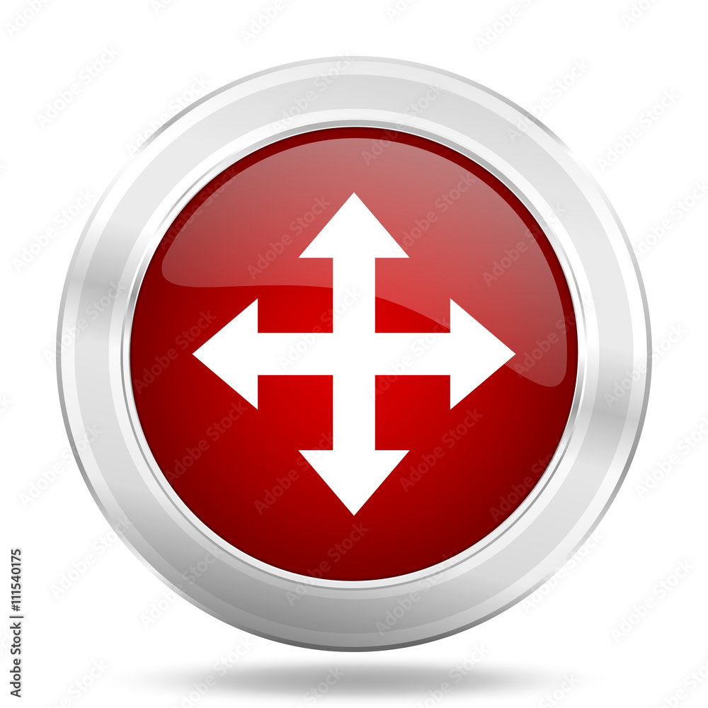 arrow icon, red round glossy metallic button, web and mobile app design illustration arrow icon, red round glossy metallic button, web and mobile app design illustration