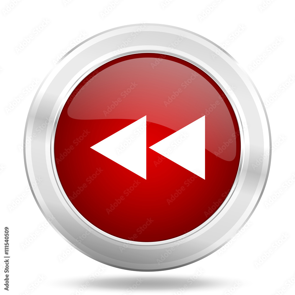 rewind icon, red round glossy metallic button, web and mobile app design illustration rewind icon, red round glossy metallic button, web and mobile app design illustration