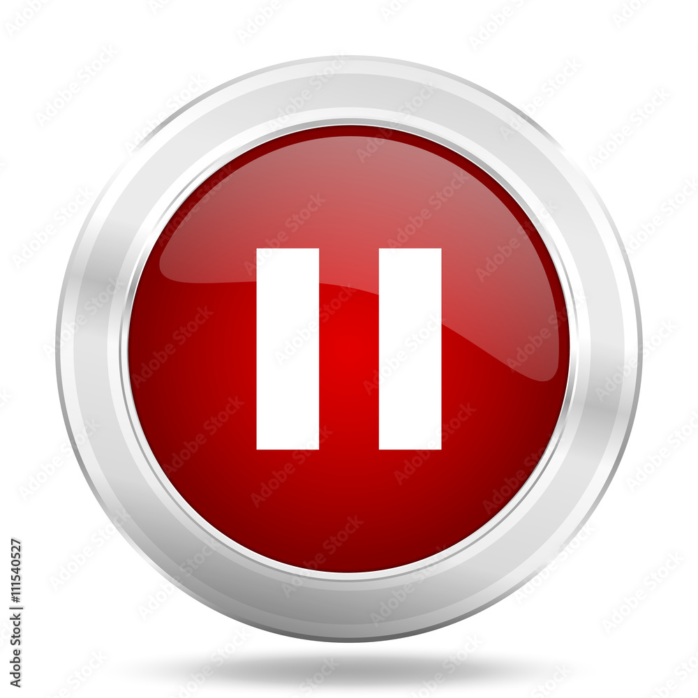 pause icon, red round glossy metallic button, web and mobile app design illustration pause icon, red round glossy metallic button, web and mobile app design illustration