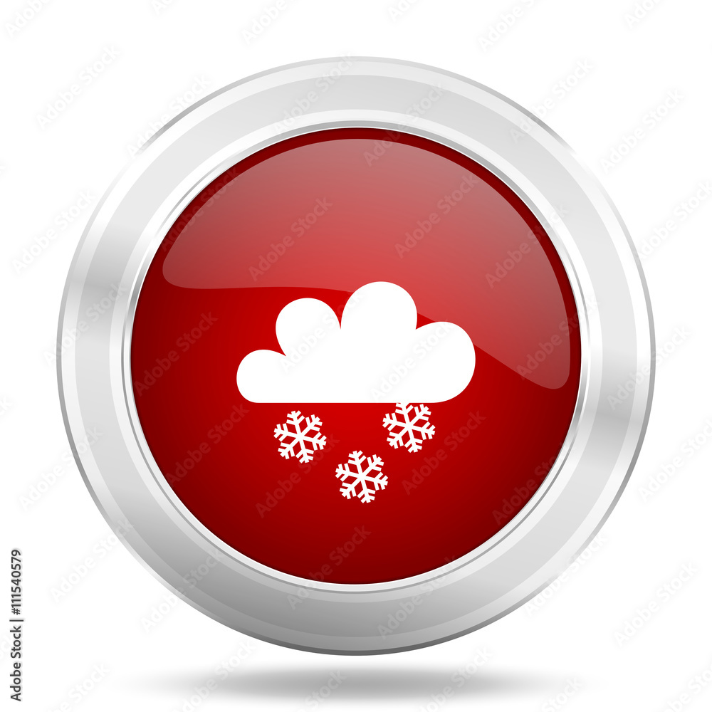 snowing icon, red round glossy metallic button, web and mobile app design illustration snowing icon, red round glossy metallic button, web and mobile app design illustration