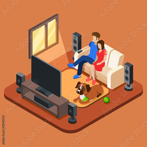 Family in the living room watching TV. 3d isometric people concept