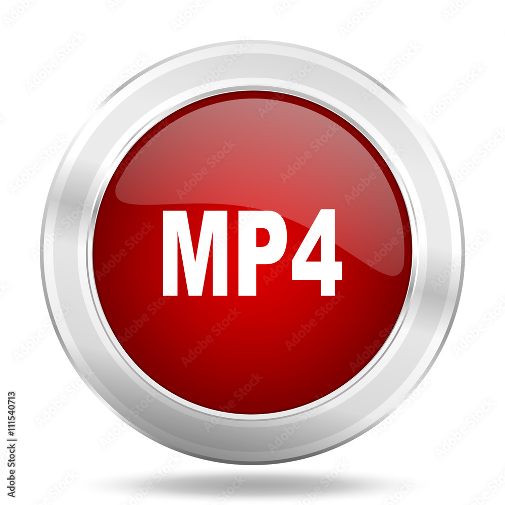 mp4 icon, red round glossy metallic button, web and mobile app design illustration mp4 icon, red round glossy metallic button, web and mobile app design illustration