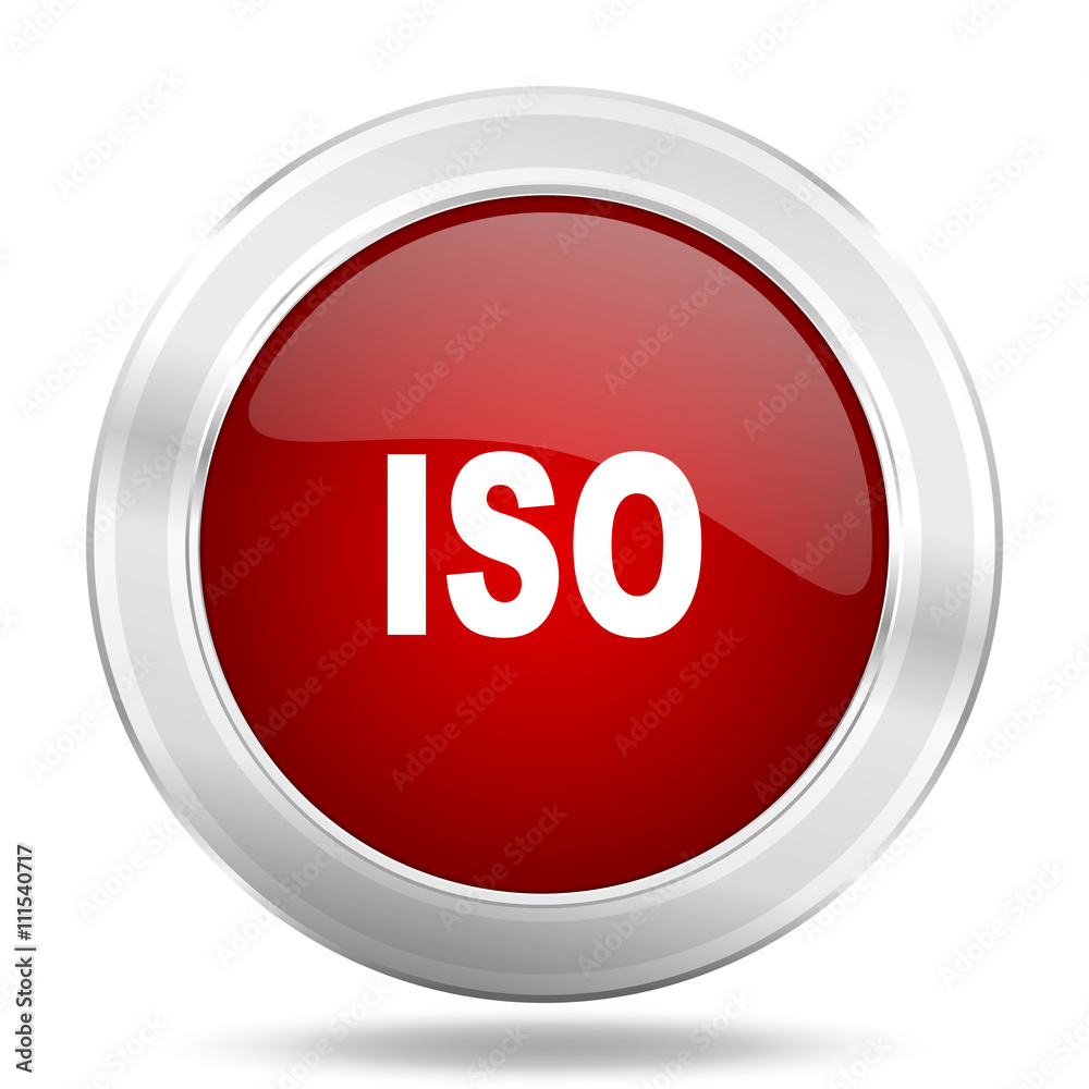 iso icon, red round glossy metallic button, web and mobile app design illustration iso icon, red round glossy metallic button, web and mobile app design illustration