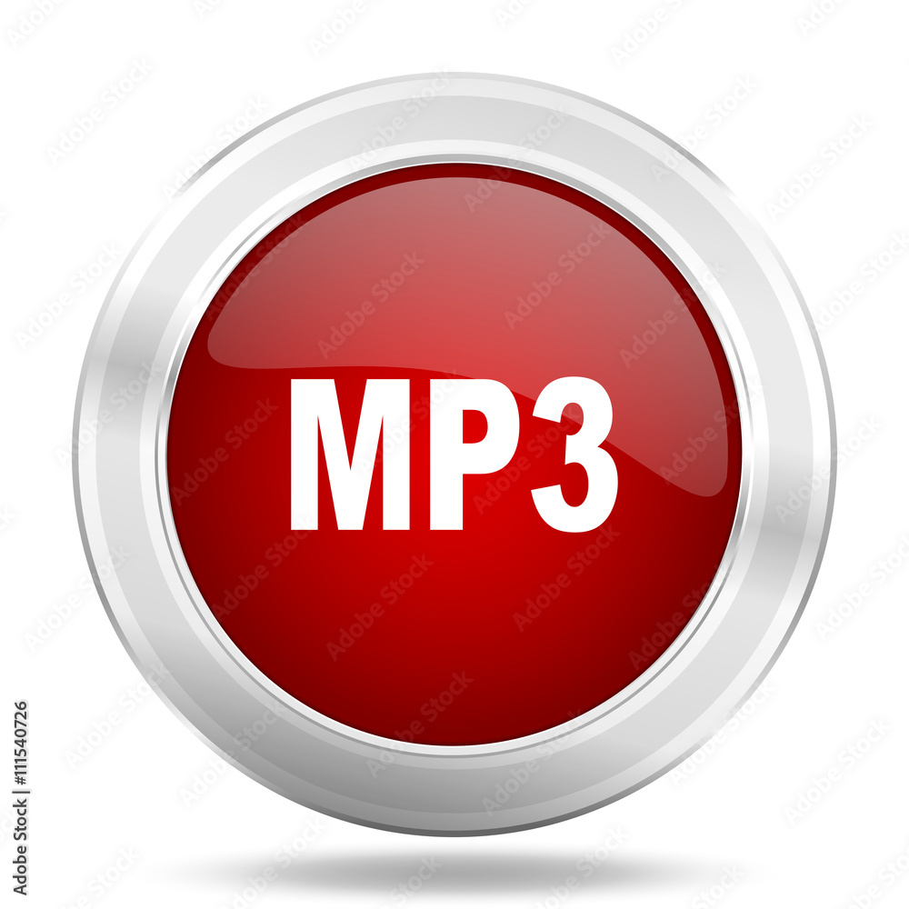 mp3 icon, red round glossy metallic button, web and mobile app design illustration mp3 icon, red round glossy metallic button, web and mobile app design illustration