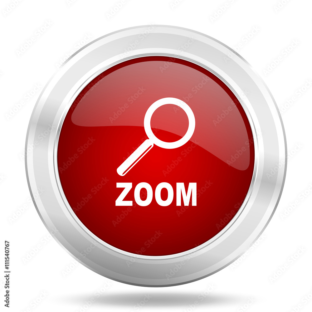 zoom icon, red round glossy metallic button, web and mobile app design illustration zoom icon, red round glossy metallic button, web and mobile app design illustration