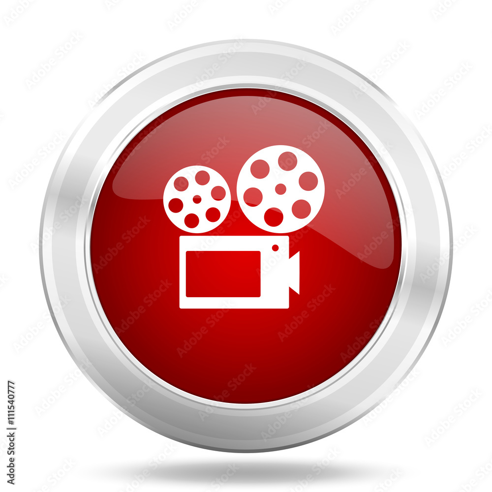 movie icon, red round glossy metallic button, web and mobile app design illustration movie icon, red round glossy metallic button, web and mobile app design illustration