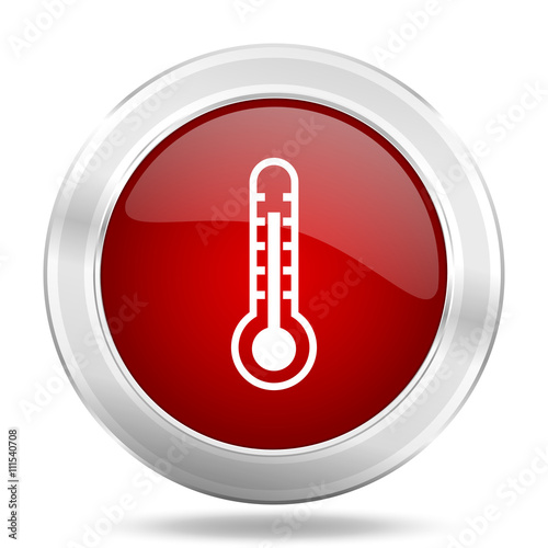thermometer icon, red round glossy metallic button, web and mobile app design illustration