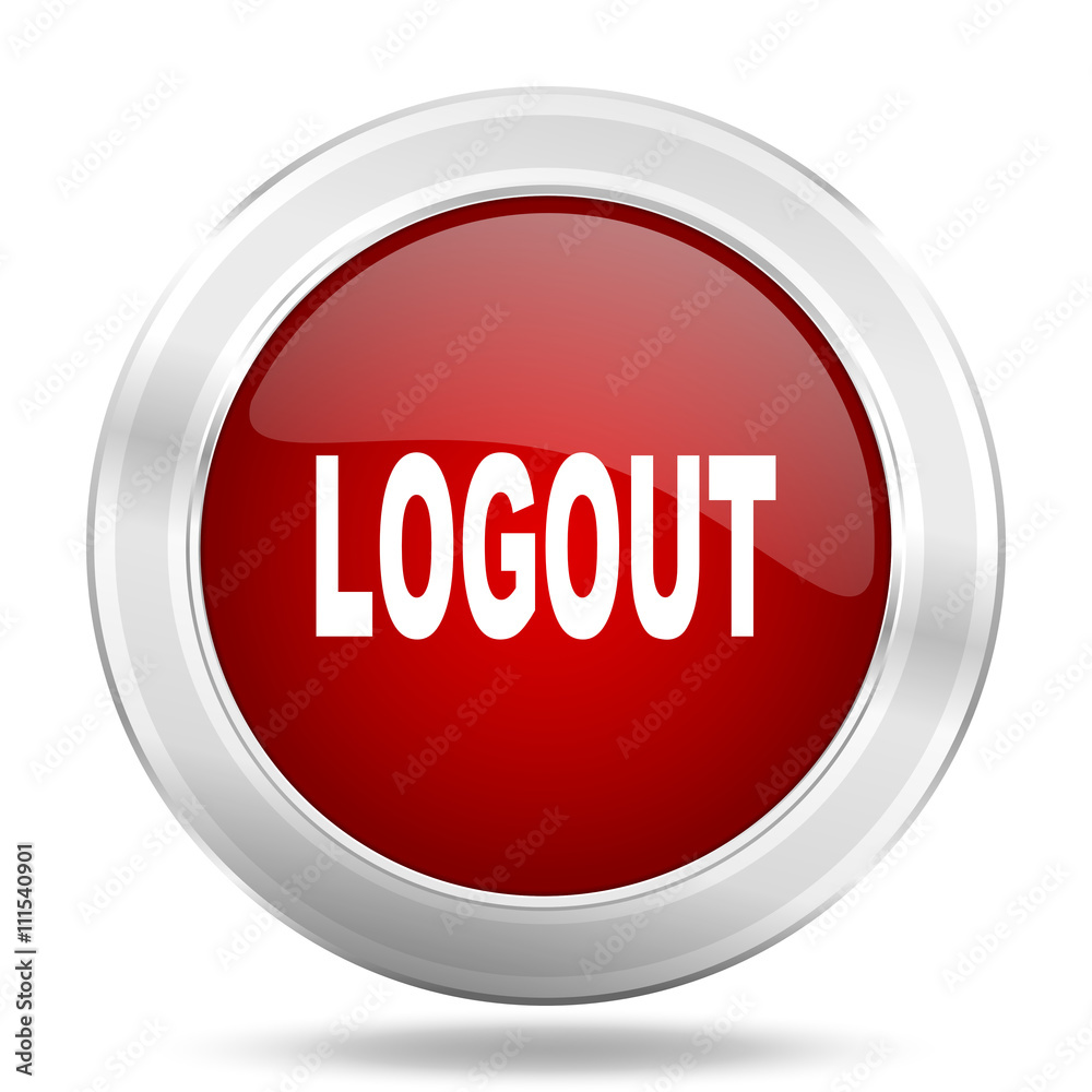 logout icon, red round glossy metallic button, web and mobile app design illustration logout icon, red round glossy metallic button, web and mobile app design illustration