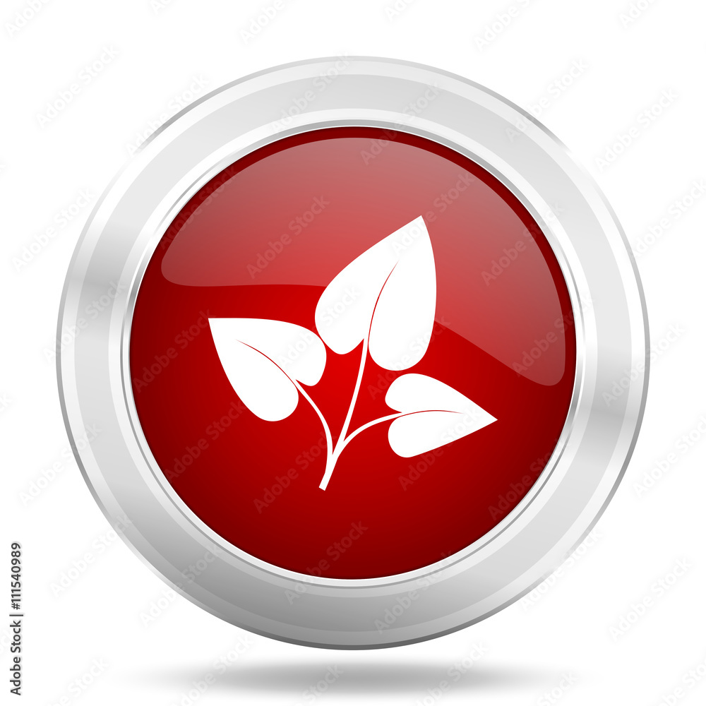 leaf icon, red round glossy metallic button, web and mobile app design illustration leaf icon, red round glossy metallic button, web and mobile app design illustration