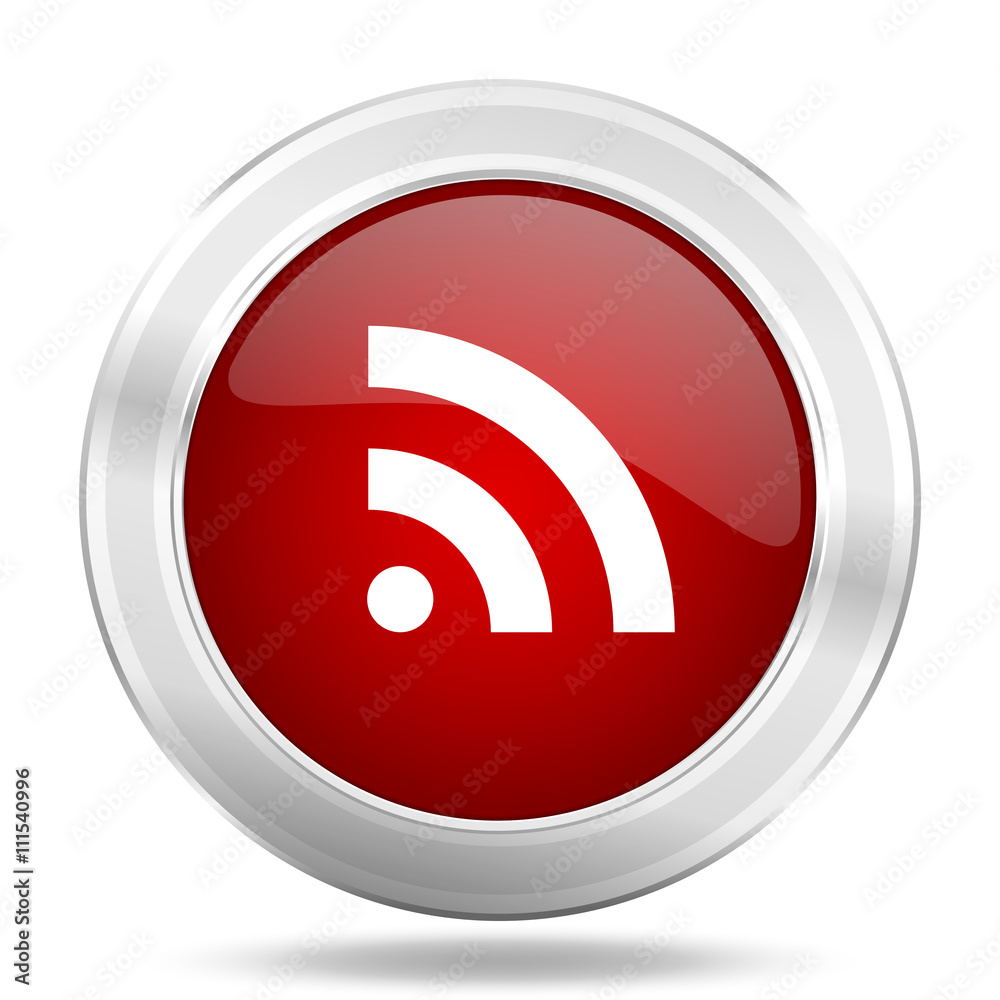 rss icon, red round glossy metallic button, web and mobile app design illustration rss icon, red round glossy metallic button, web and mobile app design illustration