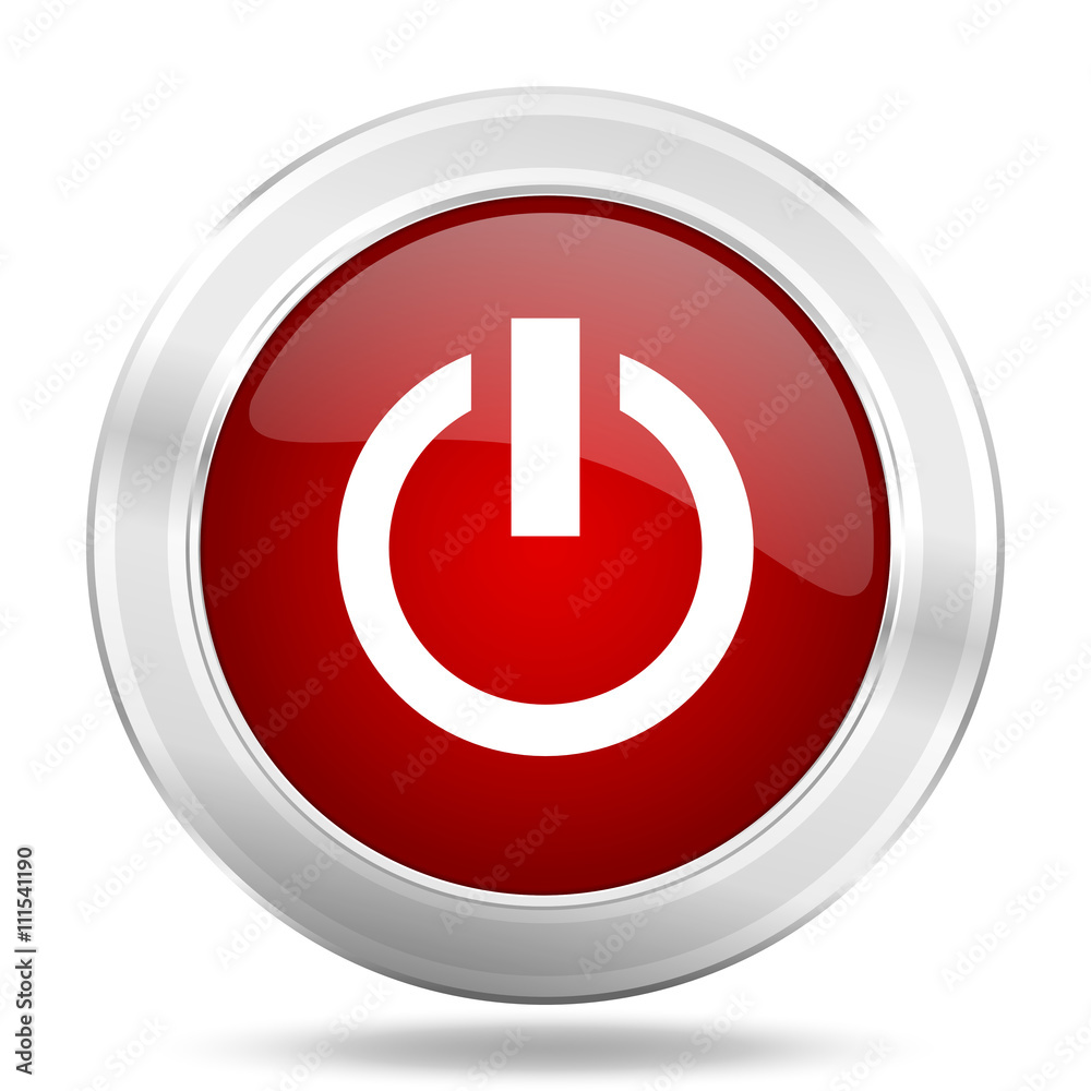 power icon, red round glossy metallic button, web and mobile app design illustration power icon, red round glossy metallic button, web and mobile app design illustration