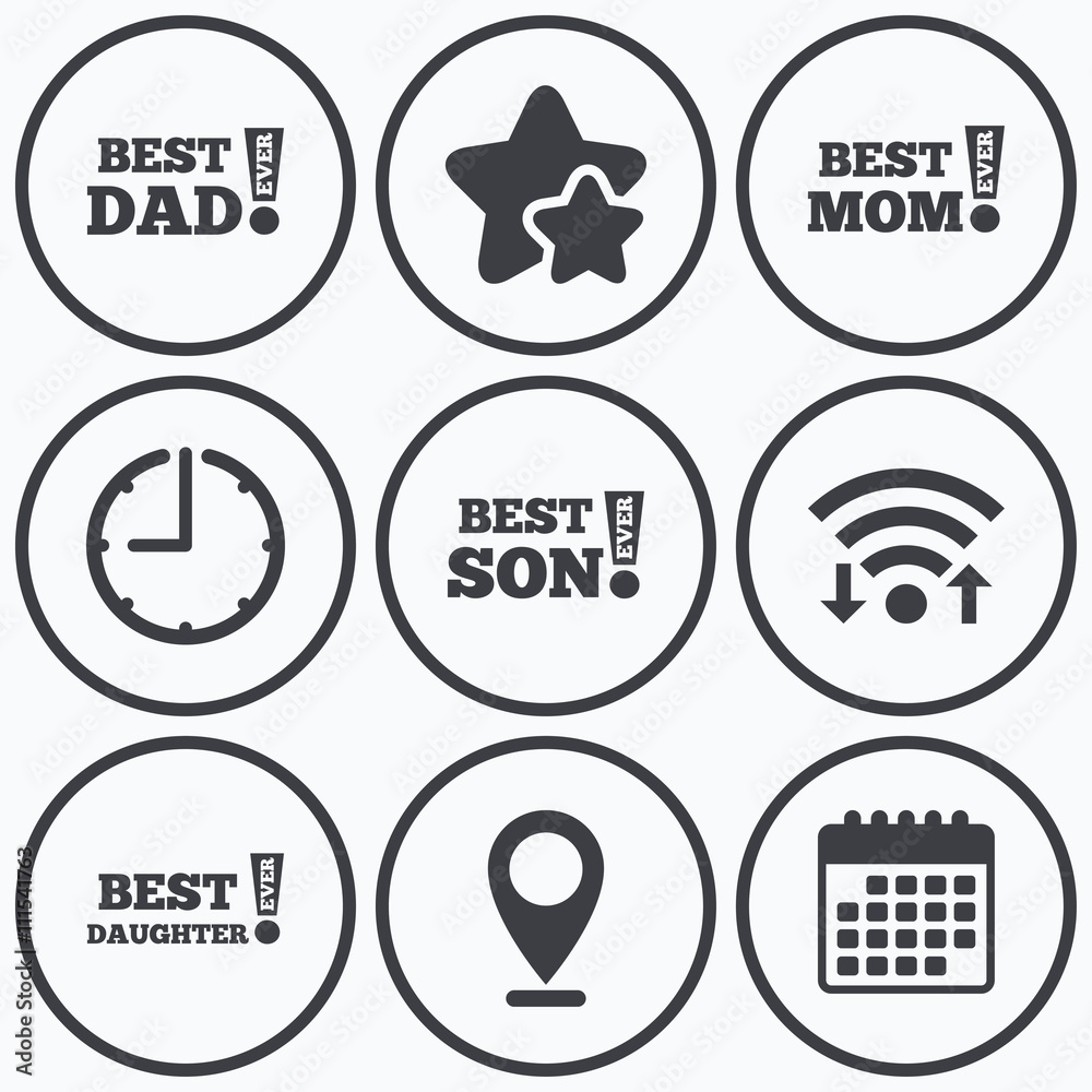 Best mom and dad, son, daughter icons. Best mom and dad, son, daughter icons.
