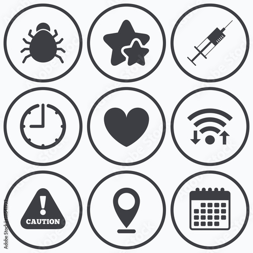Bug and vaccine signs. Heart, spray can icons