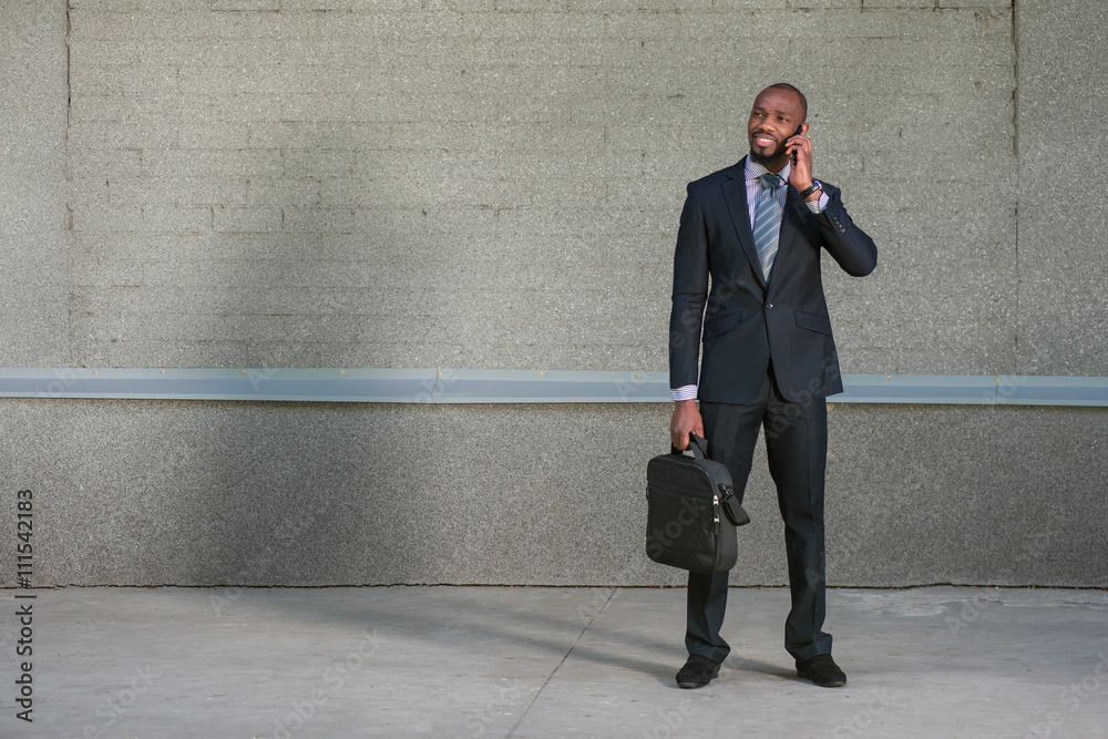 Obraz premium Business man standing with his briefcase, and he uses the phone