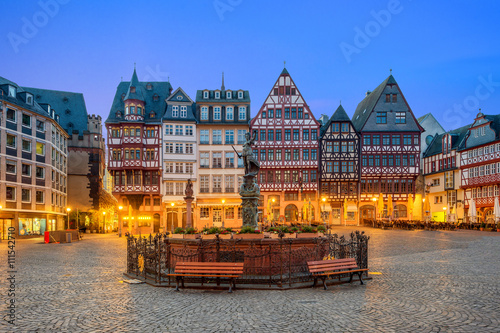 Old town square romerberg with Justitia statue in Frankfurt Germ