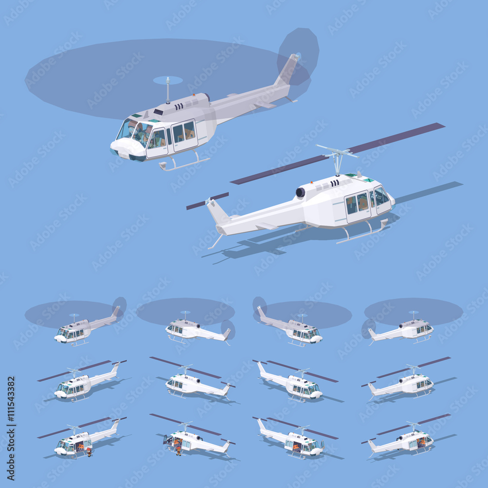 White helicopter. 3D lowpoly isometric vector illustration. The set of objects isolated against the blue background and shown from different sides