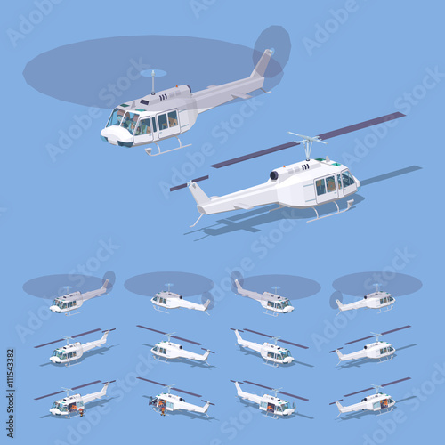 White helicopter. 3D lowpoly isometric vector illustration. The set of objects isolated against the blue background and shown from different sides © andrew_rybalko