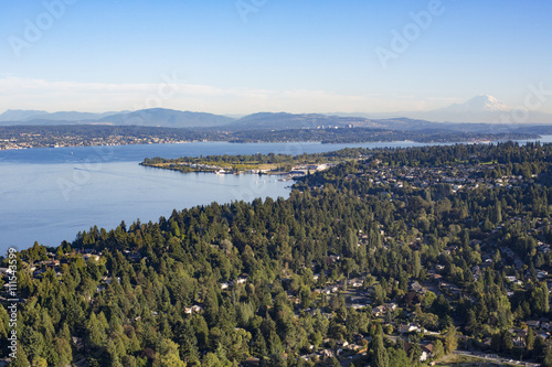 Aerial Shot of Forests, Lake, and Suburban Neighborhoods of Shoreline, Sand Point, North Seattle, Magnuson Park, Lake Washington, and Mt Rainier