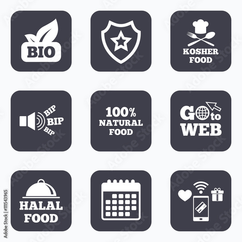Natural Bio food icons. Halal and Kosher signs.