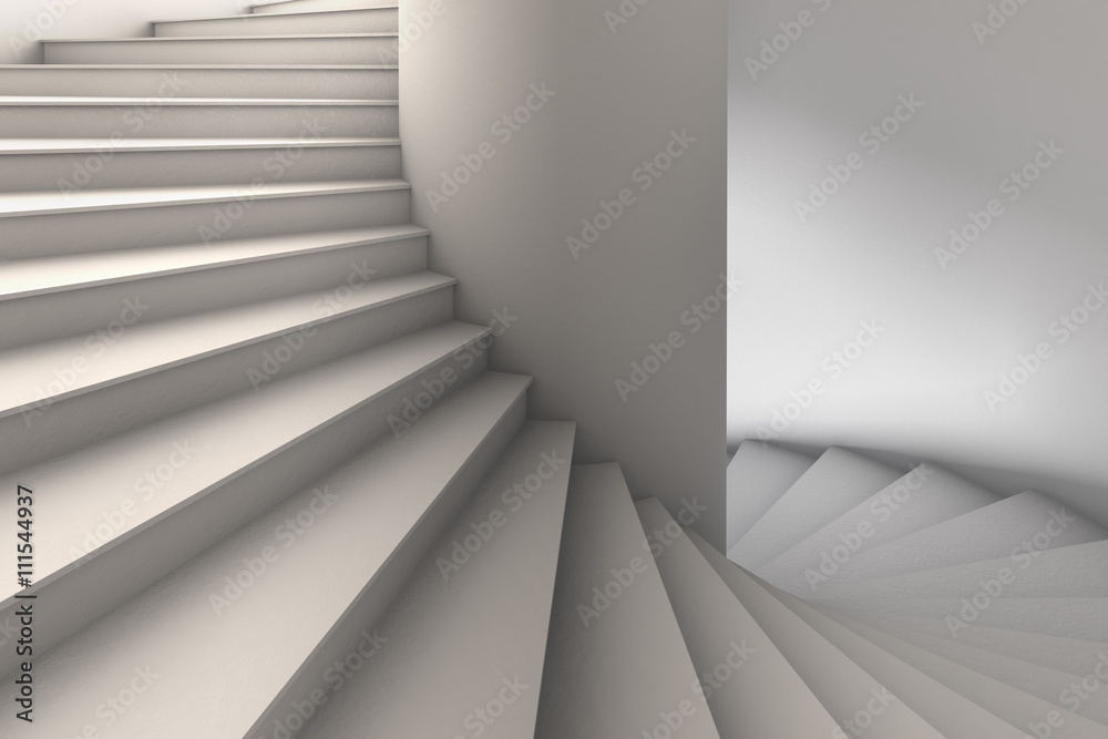 Fototapeta premium 3D Illustration of a simple white spiral staircase with wide steps rotating down from upper left to lower right. Viewpoint looking straight on.