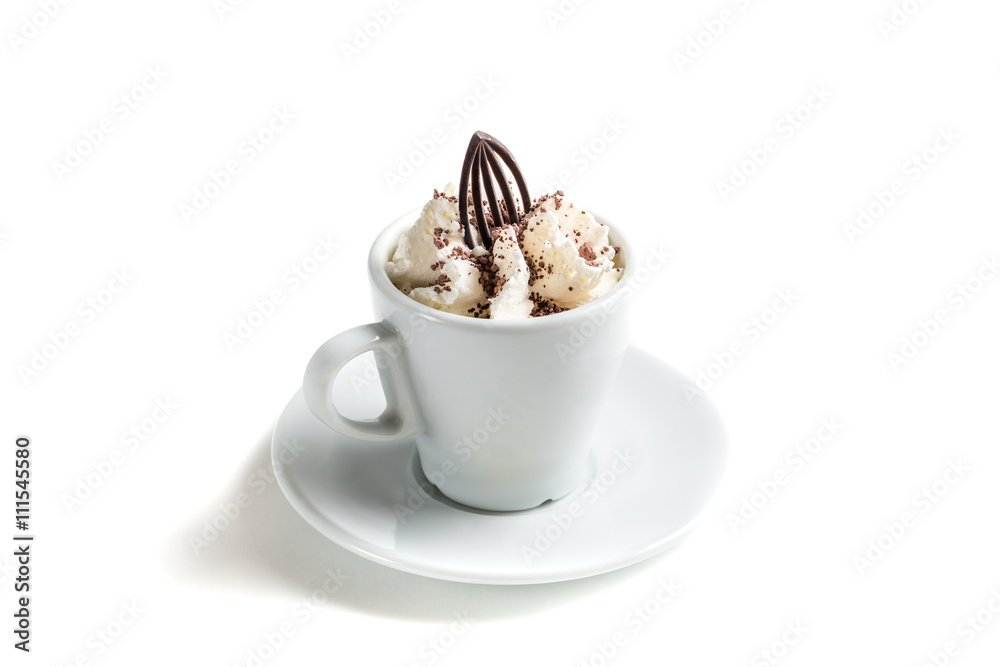 Coffee with chocolate and whipped cream on a white background Coffee with chocolate and whipped cream on a white background