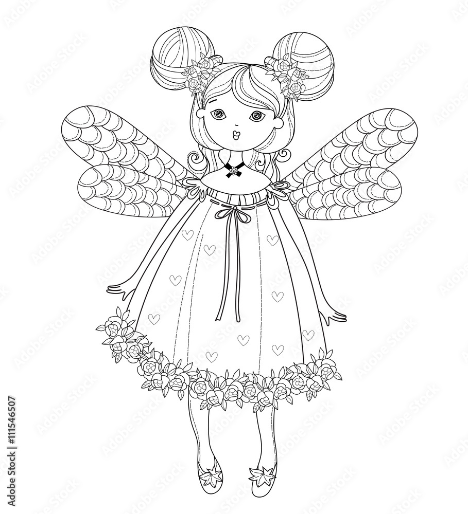 Fototapeta premium Vector cute fairy girl in flowers doodle