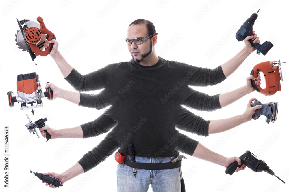 Man with several arms and tools Stock Photo Adobe Stock