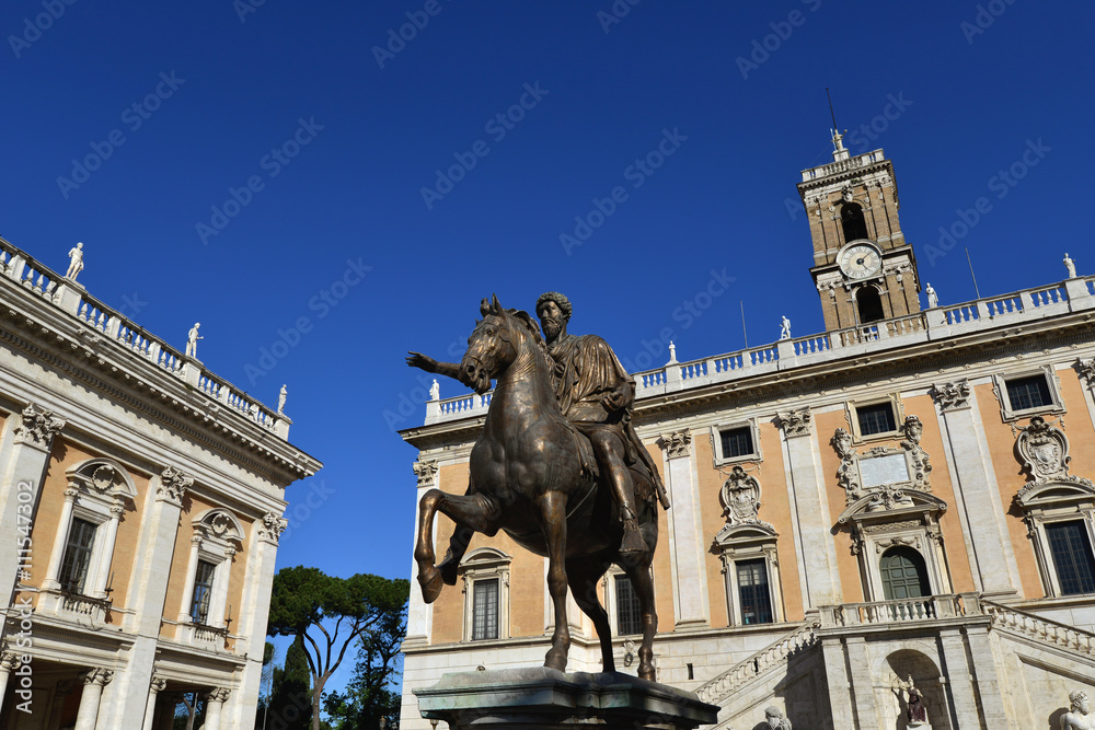 Bronze equestrian statue of Marcus Aurelius emperor of Rome, in the center of Capitoline Square, Rome