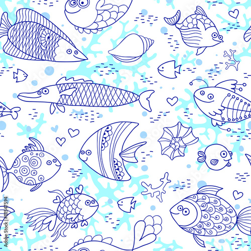 Background underwater world. Seamless pattern with cute fish, shells, corals.