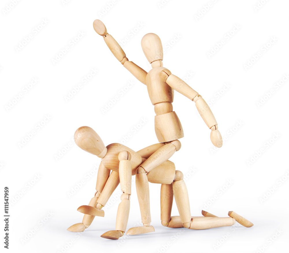 Man is riding on another one. Abstract image with a wooden puppet Man is riding on another one. Abstract image with a wooden puppet