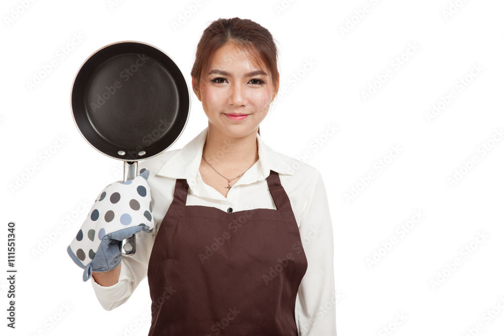 Asian beautiful girl cook with frying pan Asian beautiful girl cook with frying pan