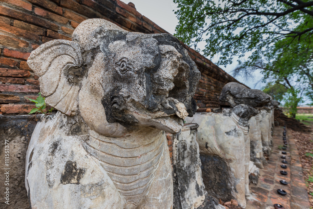 Details of pagoda base at Wat Maheyong, Ancient temple and monument in Ayutthaya province, Thailand