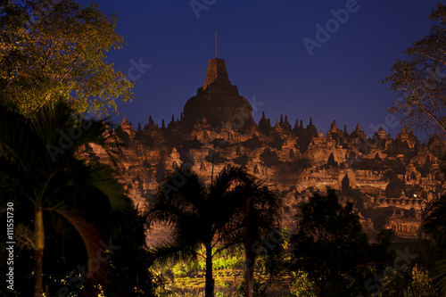 Borobudur Temple seen through the jungle trees of Java island at sunset 