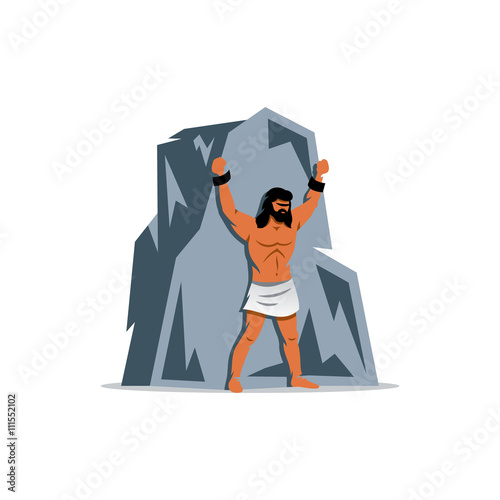 Prometheus on rock. In Greek mythology, titan, defender of people from the tyranny gods. Vector Illustration. 