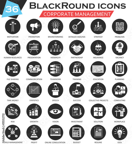 Vector Corporate management circle white black icon set. Ultra modern icon design for web.