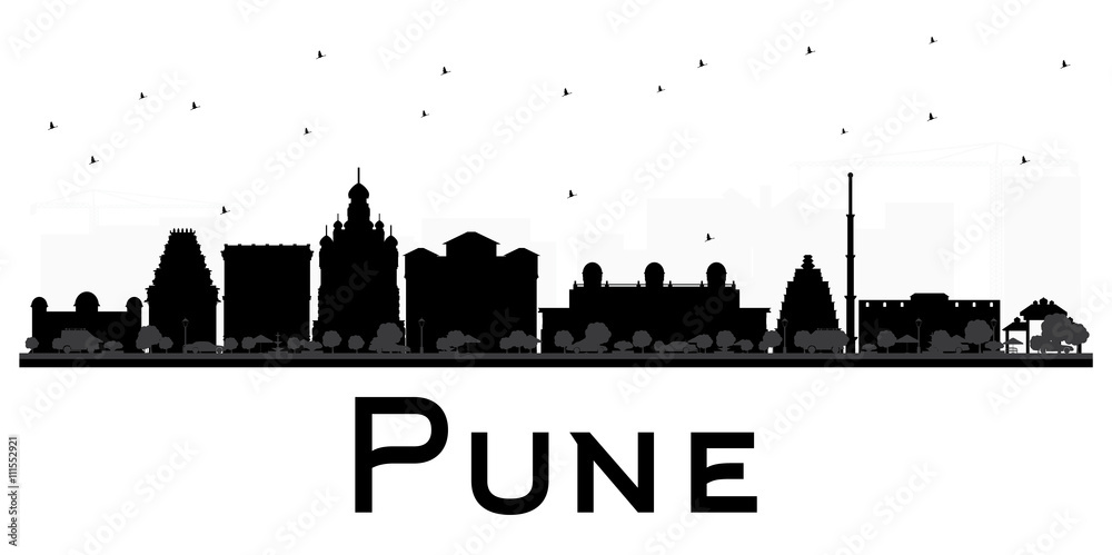 Pune skyline black and white silhouette.